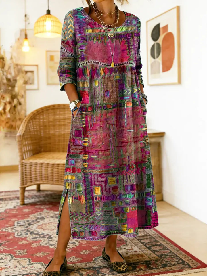 Manuela | Vestito in Denim con Patchwork Etnico