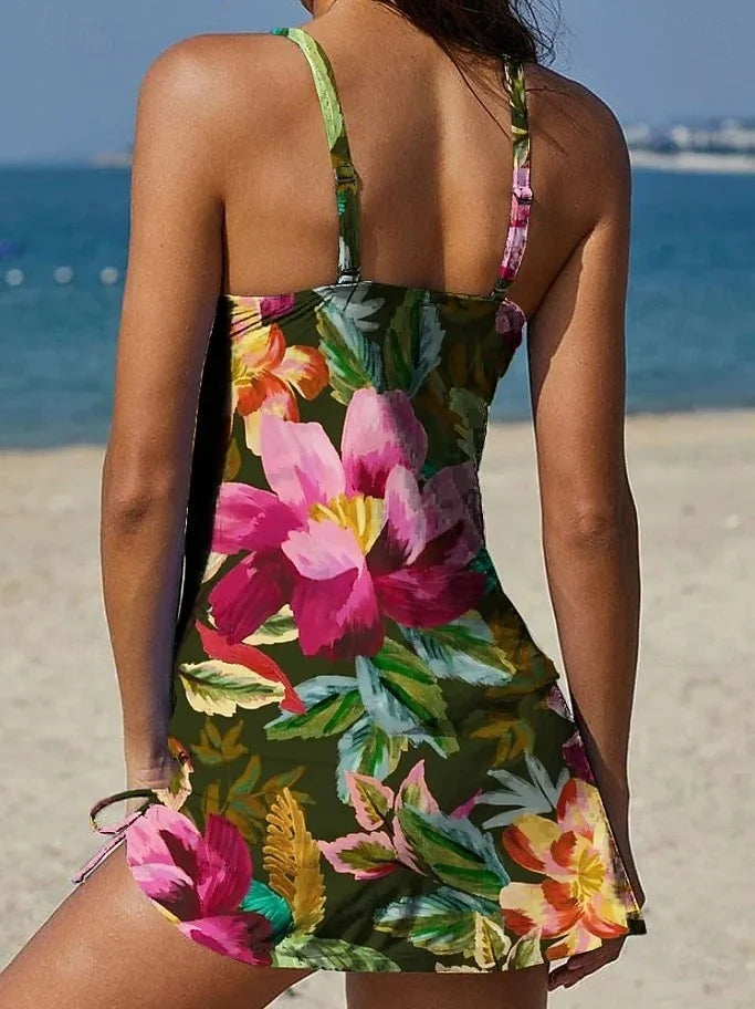 Fiesta - Set tankini a fiori con motivo grafico che copre l'addome