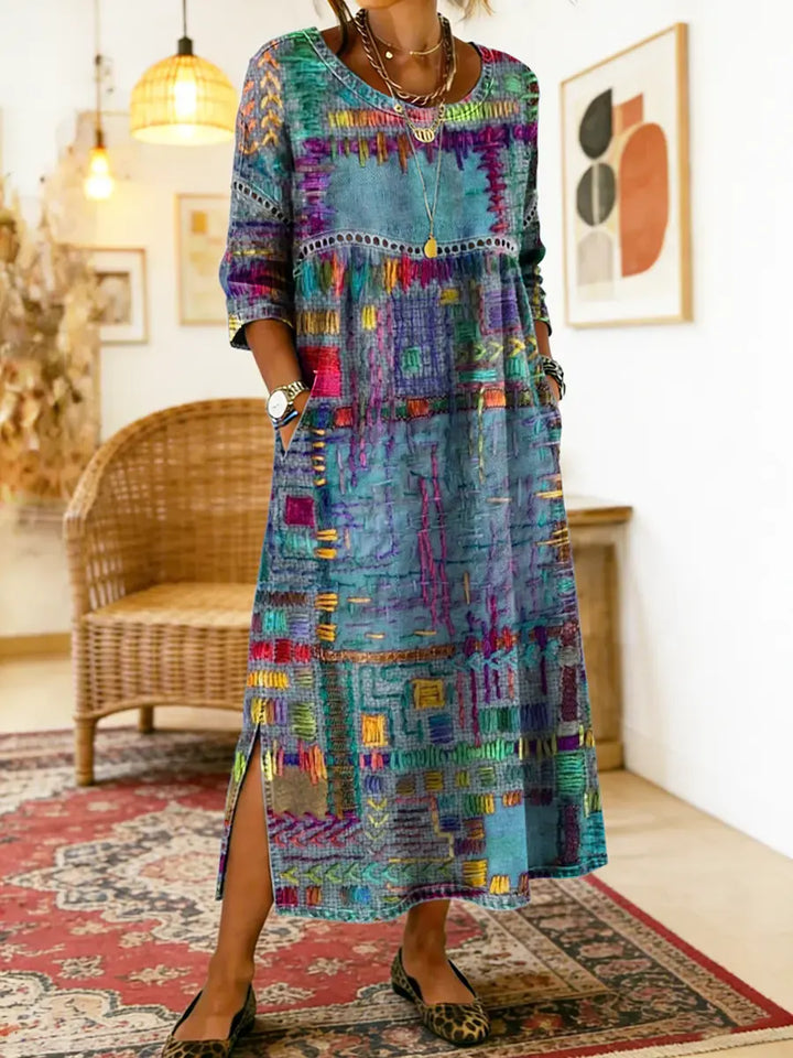 Manuela | Vestito in Denim con Patchwork Etnico